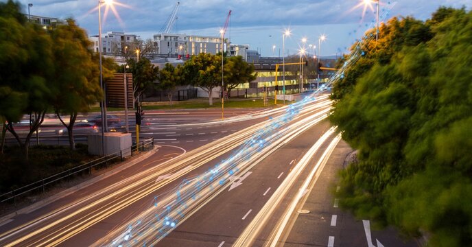 Glowing blue network of connections against view of night city traffic