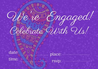 Engagement and celebration text with copy space against colorful floral design on purple background