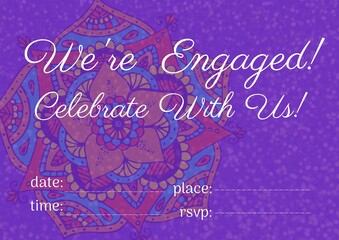 Fototapeta na wymiar Engagement and celebration text with copy space against colorful floral design on purple background