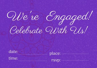 Engagement and celebration text with copy space against floral design on purple background