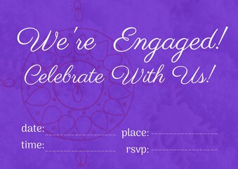 Engagement and celebration text with copy space against floral design on purple background