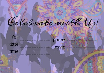 Celebrate with us text with copy space against colorful floral designs on purple background