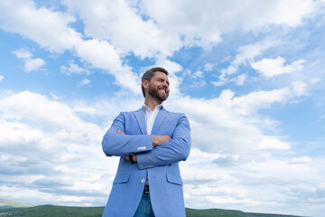 professional unshaven ceo. man bride groom on sky background.