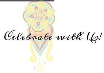 Celebrate with us text against colorful decorative floral design on white background