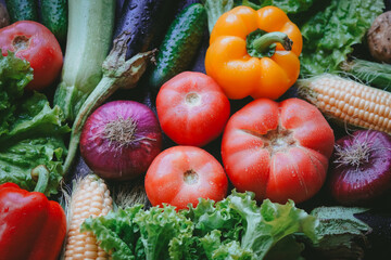 Mix of vegetables and herbs on a dark background, Harvest, Top view, Selective focus