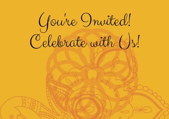 Invitation and celebration text against decorative floral designs on yellow background