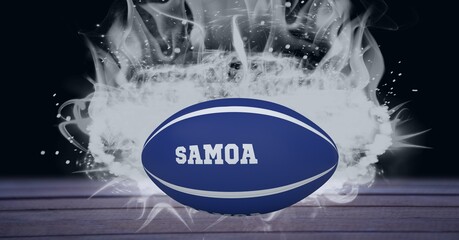 Blue rugby ball with samoa text over wooden surface against smoke effect on black background