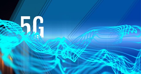 Digitally generated image of 5g text against digital waves on blue technology background