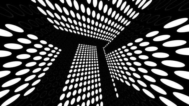 The inclusion of pixels in led canvases. Black and white circles. 3D abstraction of a room from animated walls. Spinning hyper-perspective.