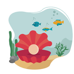 Shell with pearl in ocean, sea. Under the water 