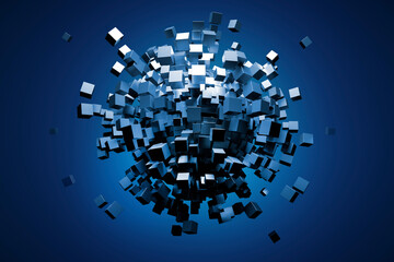 Blue Cubes Explosion 3D Rendering