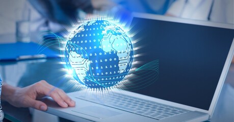 Binary coding data processing over globe against mid section of man using laptop at office