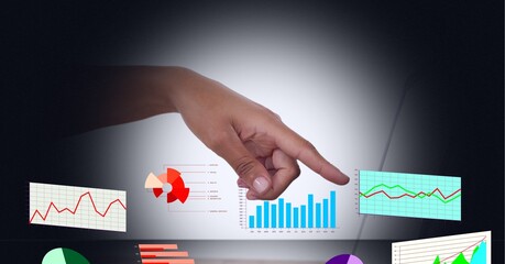 Digital interface with statistical data processing against hand touching laptop screen