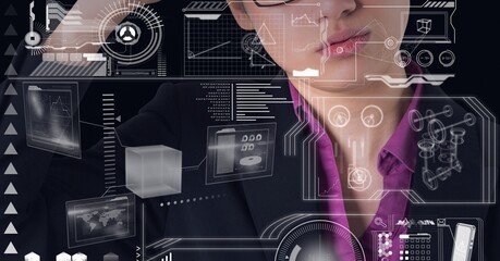 Digital interface with data processing against mid section of woman against black background