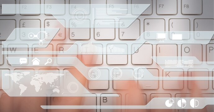 Digital interface with data processing against close up of person typing on keyboard - Powered by Adobe