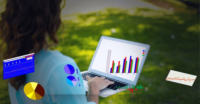 Digital interface with statistical data processing against woman using laptop in the garden