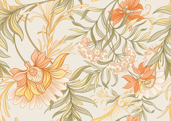 Naklejki  Seamless pattern, background with decorative flowers in art nouveau style, vintage, old, retro style. Vector illustration.