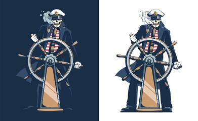 Pirate Ship Captain - skeleton sailor. Seaman skull captain is at the helm. Vector illustration. - obrazy, fototapety, plakaty