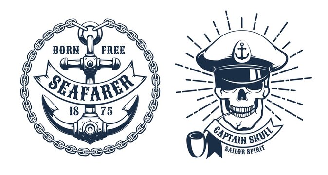 Ship Captain skull head - retro logo. Anchor vintage emblem with chain and ribbon. Seaman skeleton vintage badge. Sailor tattoo Vector illustaration.