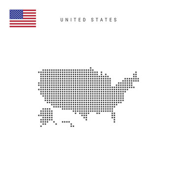 Square dots pattern map of United States. American dotted pixel map with flag. Vector illustration