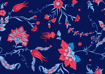 Fototapeta premium Traditional oriental, arabic pattern of blue and red flowers isolated on white background. Vector illustration.
