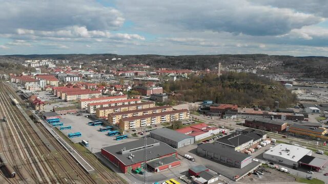 Uddevalla Cityscape, Sweden, Apartments And Railway Station, Aerial