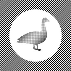 A large goose symbol in the center as a hatch of black lines on a white circle. Interlaced effect. Seamless pattern with striped black and white diagonal slanted lines