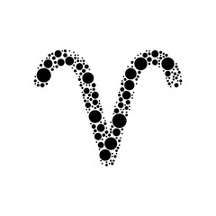 A large zodiac aries symbol in the center made in pointillism style. The center symbol is filled with black circles of various sizes. Vector illustration on white background
