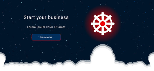 Business startup concept Landing page screen. The wheel symbol on the right is highlighted in bright red. Vector illustration on dark blue background with stars and curly clouds from below