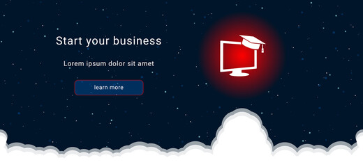 Business startup concept Landing page screen. The distance learning symbol on the right is highlighted in bright red. Vector illustration on dark blue background with stars and curly clouds from below