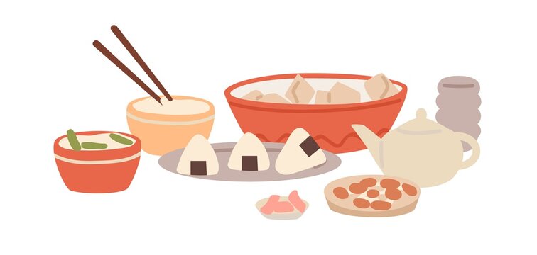 Japanese meals, served for festive dinner. Composition of national Asian dishes from rice and vegetables. Traditional Japan food. Colored flat vector illustration isolated on white background