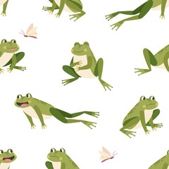 Seamless childish pattern with cute green frogs in different poses on white background. Printable repeating texture with funny happy little toads jumping and eating. Colored flat vector illustration