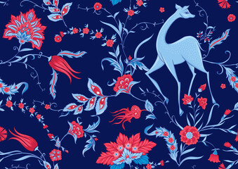 Traditional oriental, arabic pattern of blue and red flowers isolated on white background. Vector illustration.