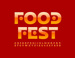 Vector bright poster Food Fest. Abstract style Alphabet Letters and Numbers set. Glossy Orange Font
