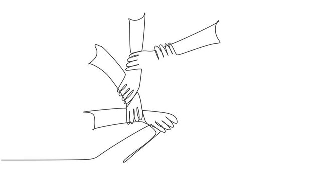 Animation of one line drawing of hand gesture making circle ring network. Continuous line self drawing of teamwork design style. Business concept animated illustration. Full length motion.