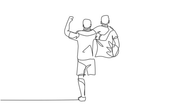 Animated self drawing of continuous line draw two football player bring a ball and walking together to show sportsmanship. Respect in soccer sport concept. Full length one line animation illustration.