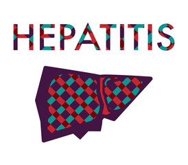 World hepatitis day.Cirrhosis concept.Medical horizontal banner with lettering.Human liver in geometric style.Organ and text with checkered pattern.Vaccinate,treat,test.Vector for website,poster