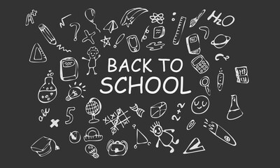 Back to school. Education concept. A school board with an inscription and drawings. Doodle or sketch style vector graphics.