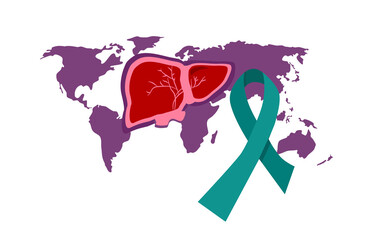 Obraz na płótnie Canvas World hepatitis day illustration.Take care about your liver.Cirrhosis concept. Globe map and awareness ribbon.Vaccinate, treat, test. Prevent disease. Medical banner in minimal flat style.