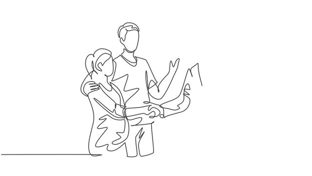 Animation of one line drawing of obstetrician gynecologist doctor handshake congratulate a happy young couple about the pregnancy. Medical check up concept. One line self drawing. Full length animatio