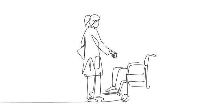 Animation of one line drawing of young female doctor visiting and handshaking the patient with wheelchair in hospital. Continuous line self drawing animated illustration. Full length motion.