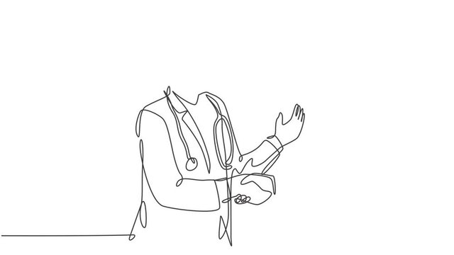 Animated self drawing of continuous line draw young doctor shaking hand the patient in hospital. Healthcare medical check up concept. Full length one line animation illustration.