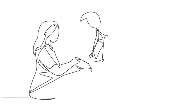 Animated self drawing of continuous line draw female obstetrician and gynecologist doctor handshake congratulate a young happy pregnant mom about her pregnancy. Full length one line animation.