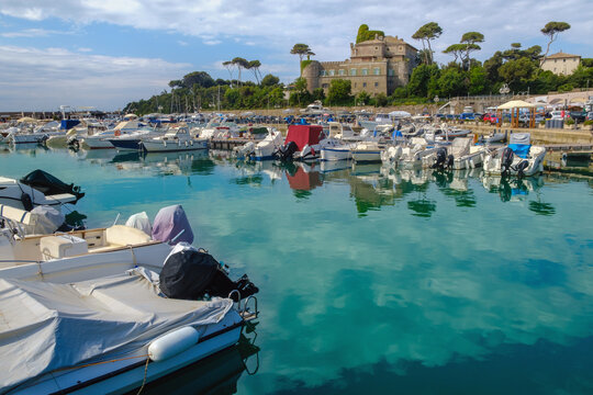 Dockyard with medieval castle on the background , Santa Marinella , Rome , Italy