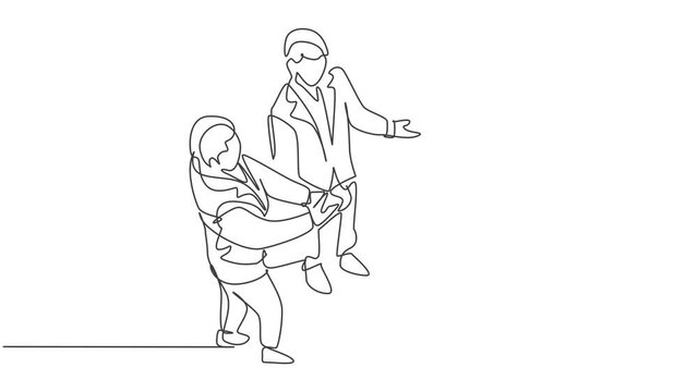 Animated self drawing of continuous line draw business man handshake his colleague to deal a project. Business teamwork meeting at office concept. Full length single line animation illustration.