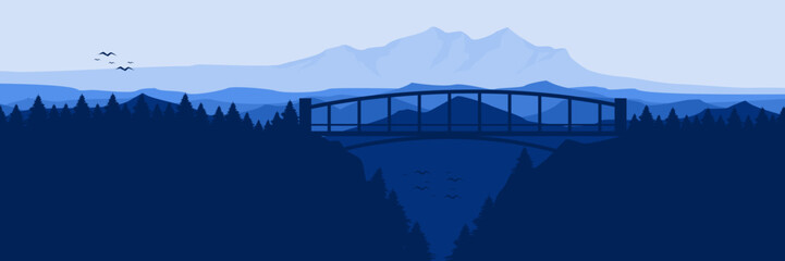 bridge on the mountain landscape vector flat design illustration good for wallpaper, background, design template, backdrop template, and tourism design template