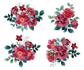 Red rose flower arrangement collection with watercolor