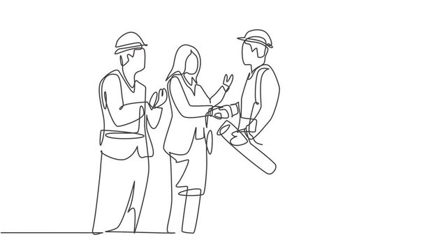 Animation of one line drawing of young business woman and architect wearing vest and helmet handshake. Great teamwork concept. Continuous line self drawing animated illustration. Full length motion.