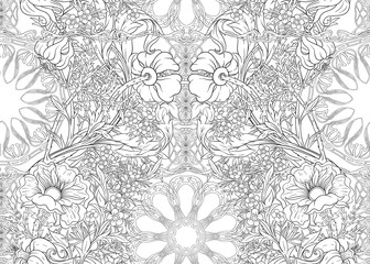 Floral Seamless pattern, background with In art nouveau style, vintage, old, retro style. Outline graphic vector illustration..