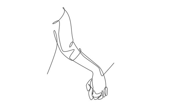 One line drawing of two adult hands holding each other together to express love and care. Romantic young couple lover concept. Continuous line draw design, graphic vector illustrator